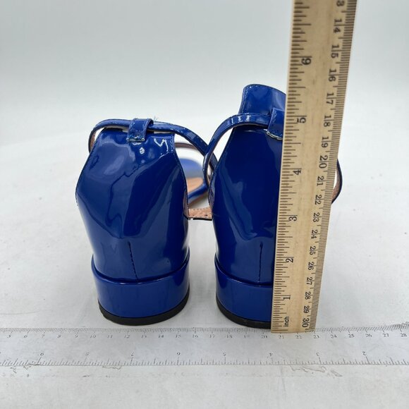YDN Blue Block Low Heel Sandals Open Toe Ankle Strap Patent Comfortable Shoes - Picture 5 of 8